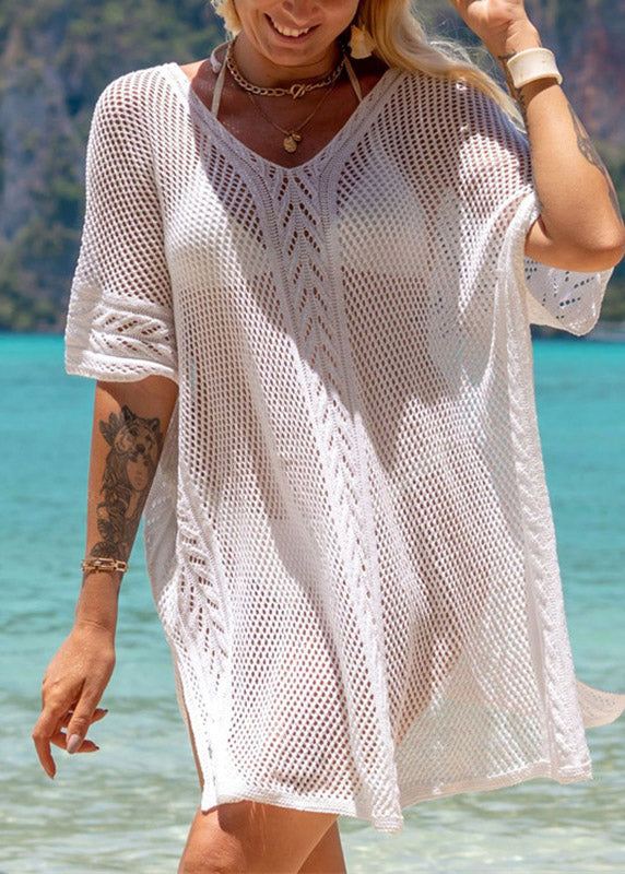 Brief White Hollow Out Side Open Knit Bikini Cover Ups Short Sleeve LY3039 - fabuloryshop