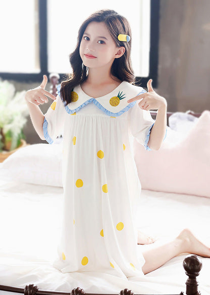 Brief White Peter Pan Collar Print Cozy Cotton Girls Maxi Dresses Short Sleeve LY5509 - fabuloryshop