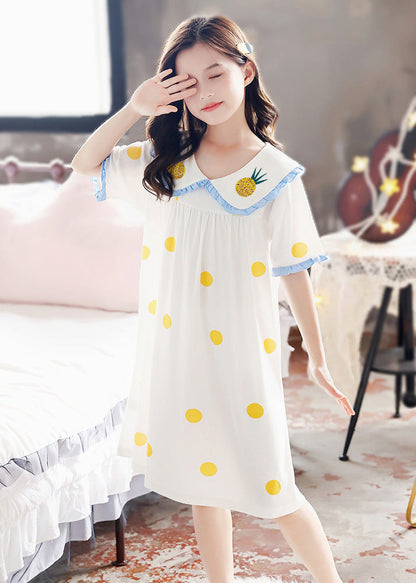 Brief White Peter Pan Collar Print Cozy Cotton Girls Maxi Dresses Short Sleeve LY5509 - fabuloryshop