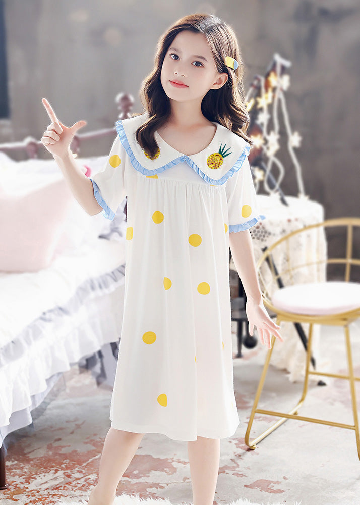 Brief White Peter Pan Collar Print Cozy Cotton Girls Maxi Dresses Short Sleeve LY5509 - fabuloryshop