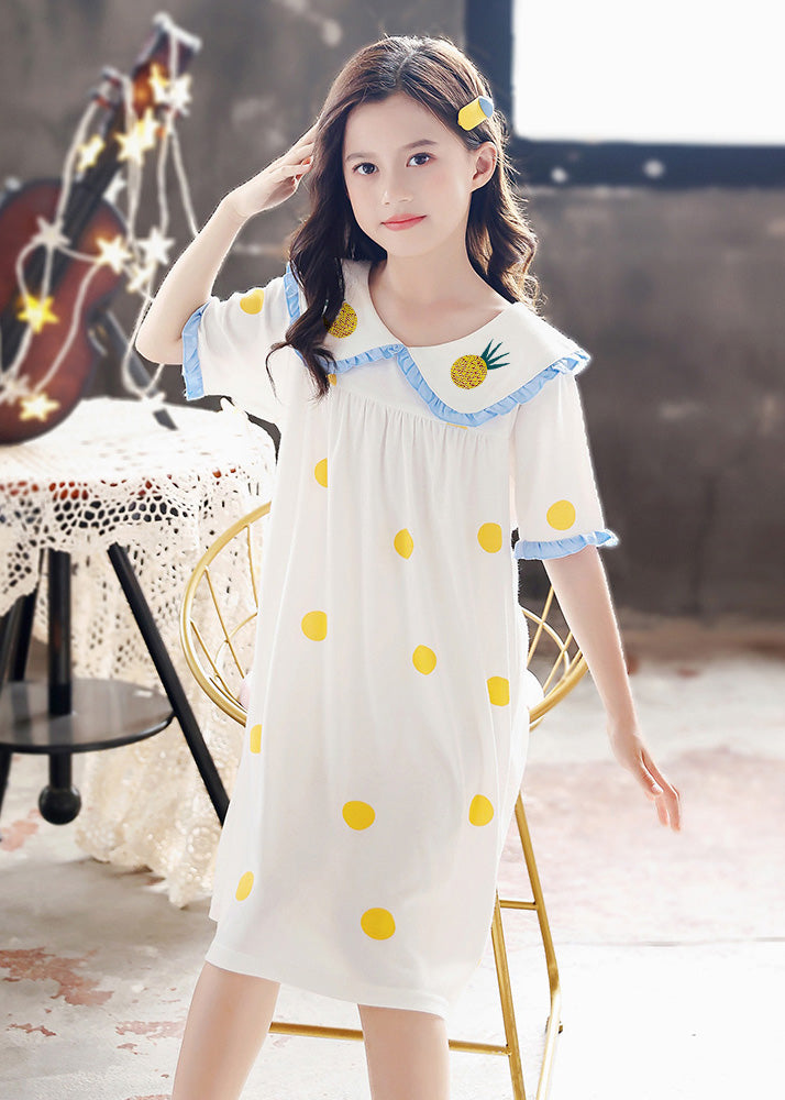 Brief White Peter Pan Collar Print Cozy Cotton Girls Maxi Dresses Short Sleeve LY5509 - fabuloryshop