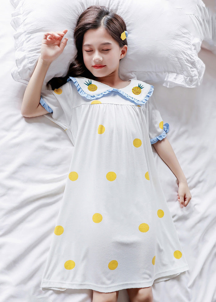 Brief White Peter Pan Collar Print Cozy Cotton Girls Maxi Dresses Short Sleeve LY5509 - fabuloryshop