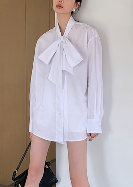 Brief White Stand Collar Bow Button Solid Shirt Spring LY0796 - fabuloryshop