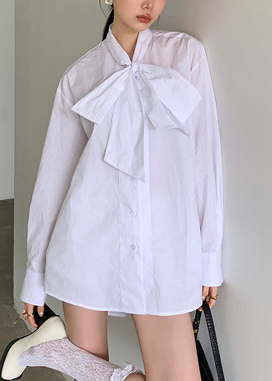 Brief White Stand Collar Bow Button Solid Shirt Spring LY0796 - fabuloryshop