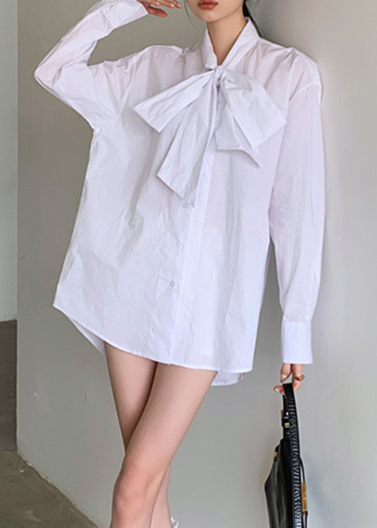 Brief White Stand Collar Bow Button Solid Shirt Spring LY0796 - fabuloryshop