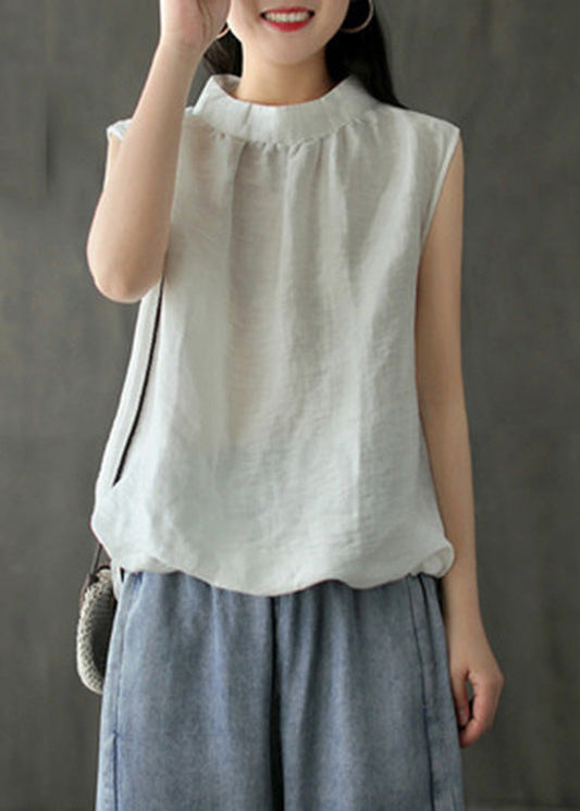 Brief White Stand Collar Solid Linen Top Sleeveless LY6983 Ada Fashion