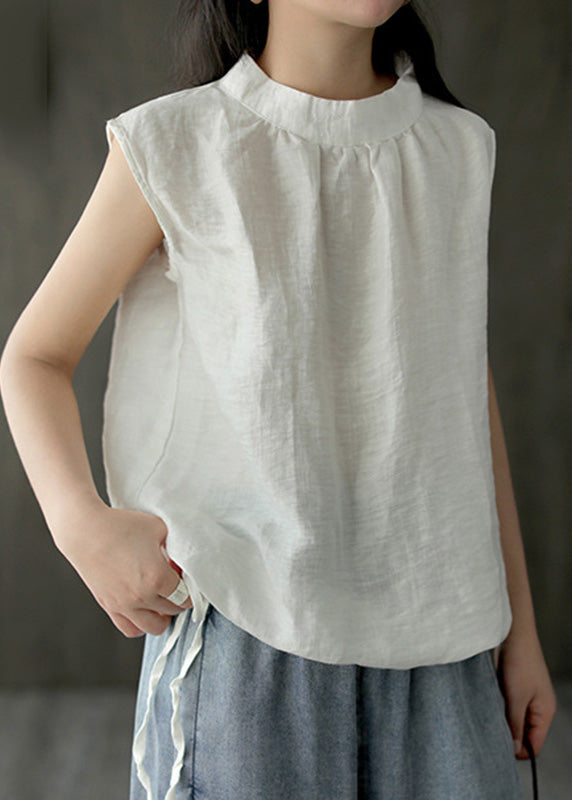 Brief White Stand Collar Solid Linen Top Sleeveless LY6983 Ada Fashion