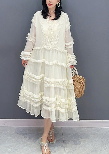 Brief White V Neck Ruffled Solid Chiffon Long Dress Spring LC0320 - fabuloryshop