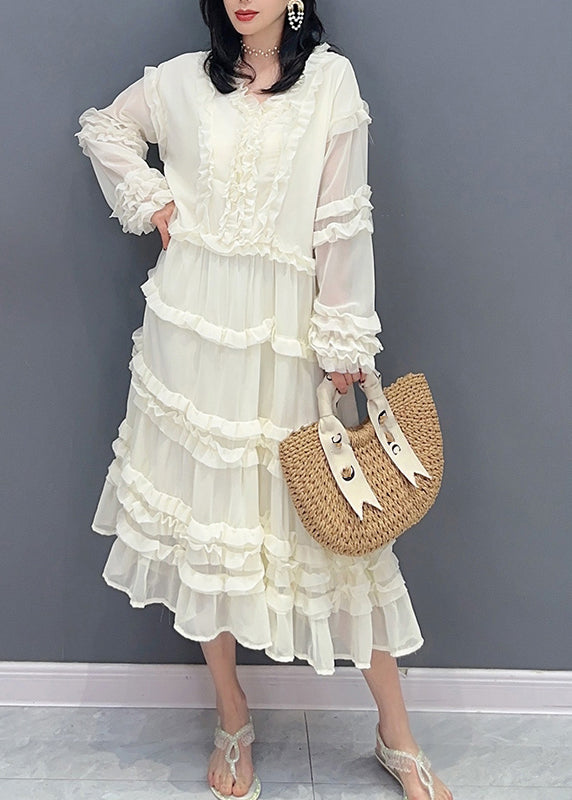 Brief White V Neck Ruffled Solid Chiffon Long Dress Spring LC0320 - fabuloryshop