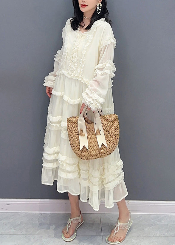 Brief White V Neck Ruffled Solid Chiffon Long Dress Spring LC0320 - fabuloryshop