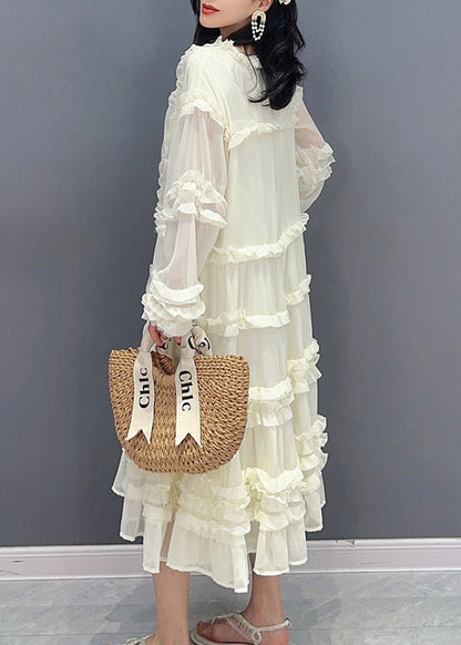 Brief White V Neck Ruffled Solid Chiffon Long Dress Spring LC0320 - fabuloryshop