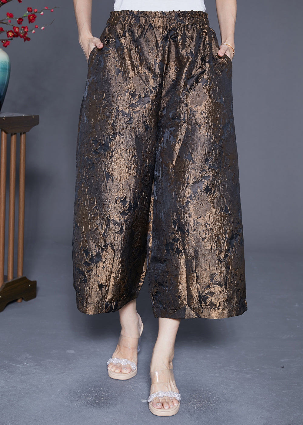 Bronze Jacquard Silk Wide Leg Pants Elastic Waist Summer LY4816 - fabuloryshop