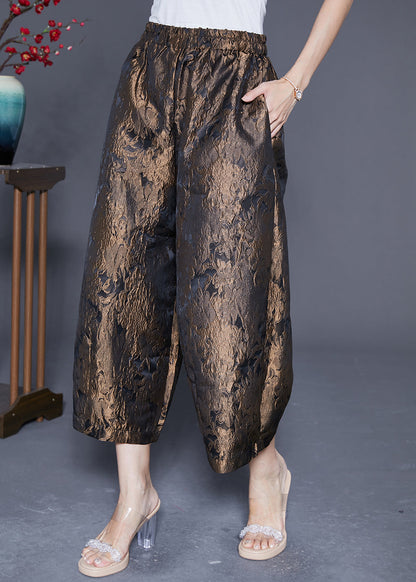 Bronze Jacquard Silk Wide Leg Pants Elastic Waist Summer LY4816 - fabuloryshop