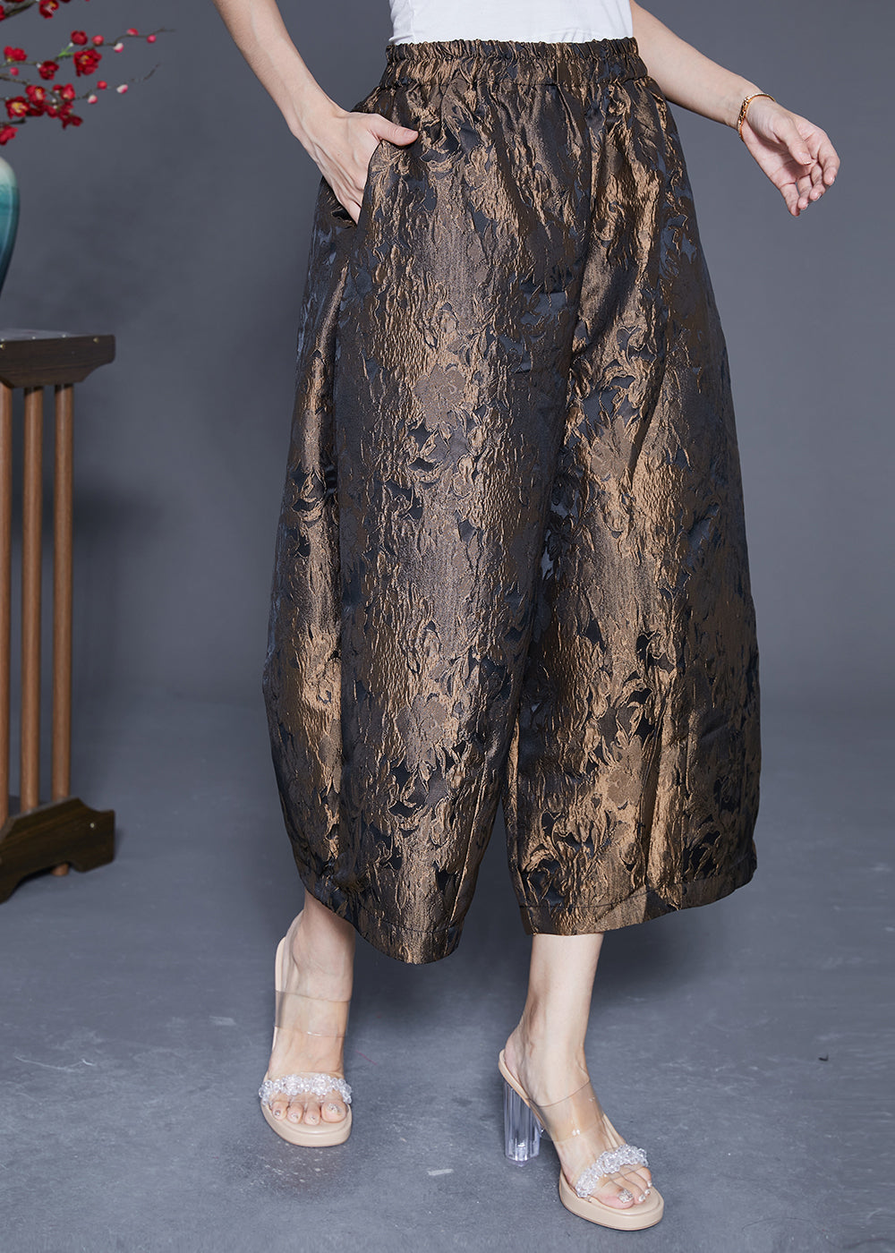 Bronze Jacquard Silk Wide Leg Pants Elastic Waist Summer LY4816 - fabuloryshop