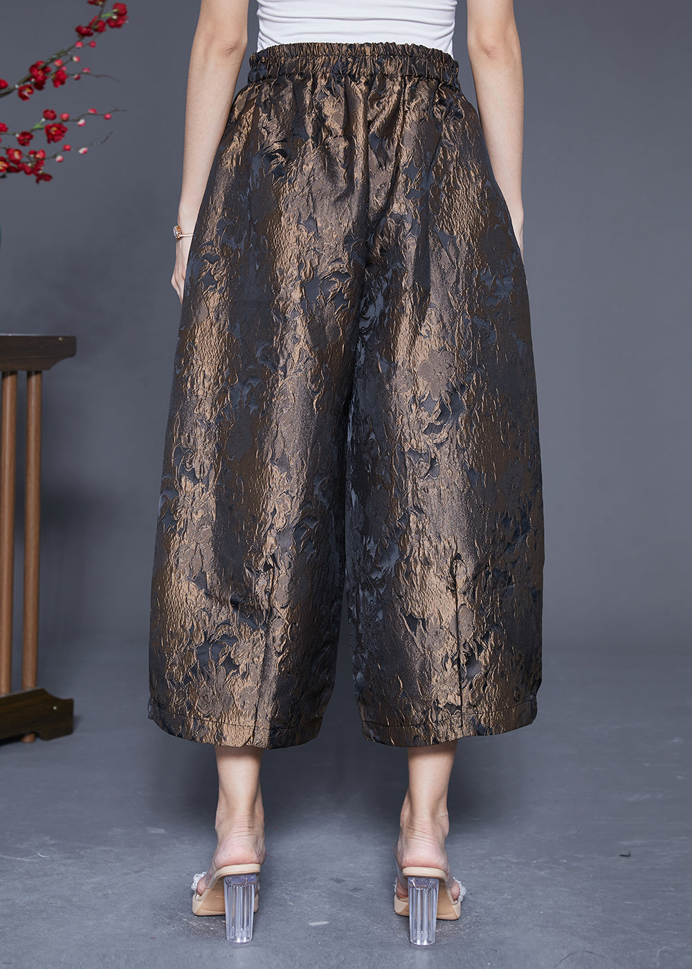 Bronze Jacquard Silk Wide Leg Pants Elastic Waist Summer LY4816 - fabuloryshop