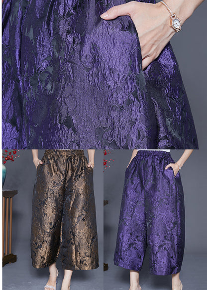 Bronze Jacquard Silk Wide Leg Pants Elastic Waist Summer LY4816 - fabuloryshop