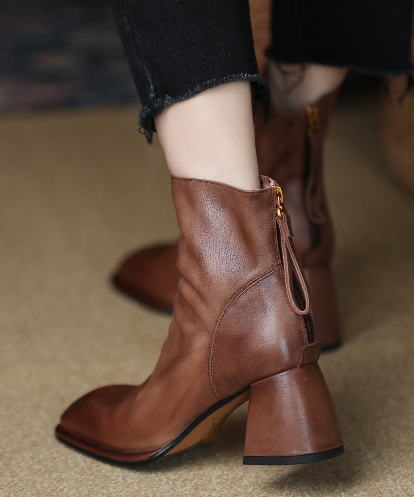 Brown Boots Chunky Cowhide Leather Women Splicing Zippered Ada Fashion