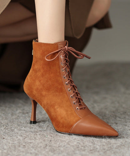 Brown Boots Stiletto Suede Unique Splicing Cross Strap Pointed Toe Ada Fashion