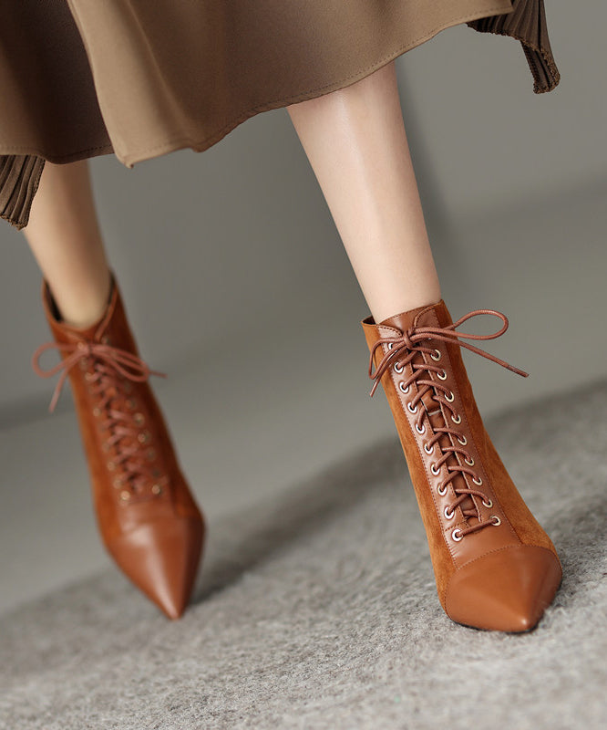 Brown Boots Stiletto Suede Unique Splicing Cross Strap Pointed Toe Ada Fashion