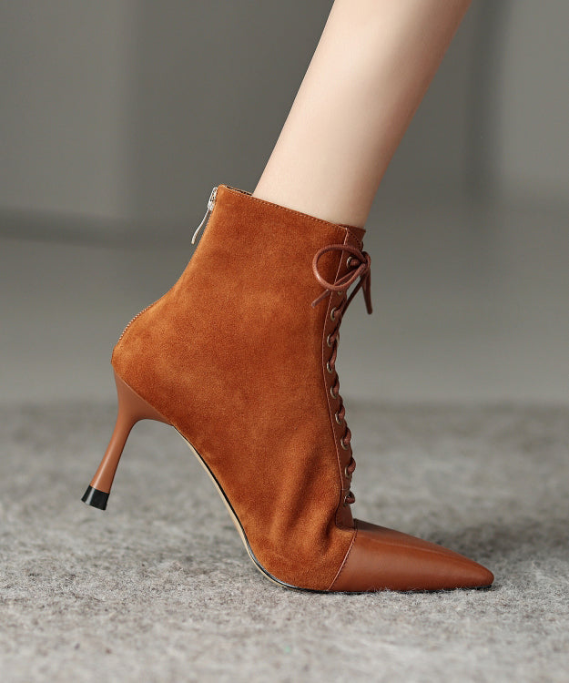 Brown Boots Stiletto Suede Unique Splicing Cross Strap Pointed Toe Ada Fashion