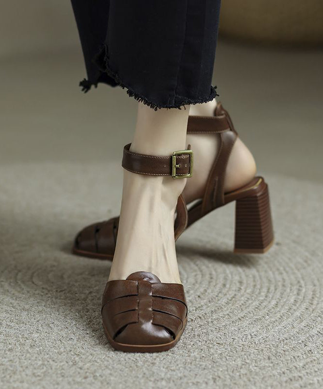 Brown Braid High Heel Sandals Cowhide Leather Soft Buckle Strap Chunky Heel LY4373 - fabuloryshop