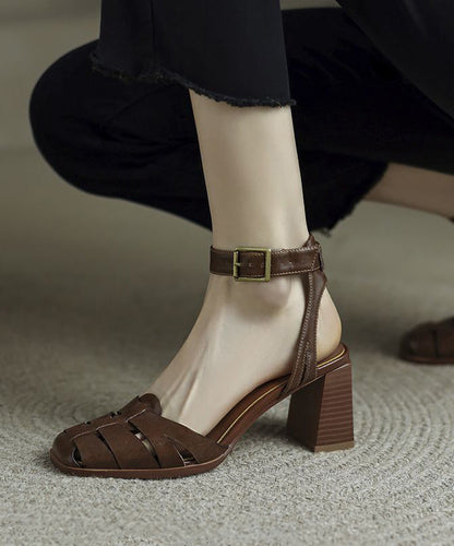 Brown Braid High Heel Sandals Cowhide Leather Soft Buckle Strap Chunky Heel LY4373 - fabuloryshop