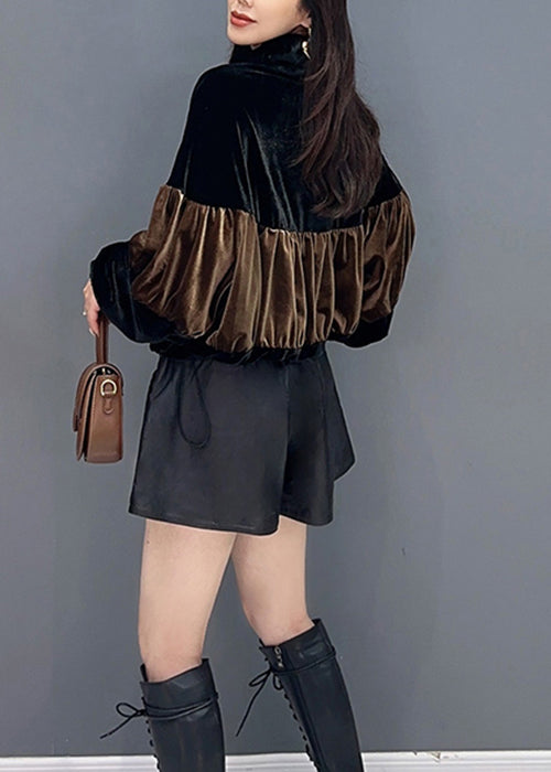 Brown Drawstring Patchwork Silk Velour Top Stand Collar Long Sleeve Ada Fashion