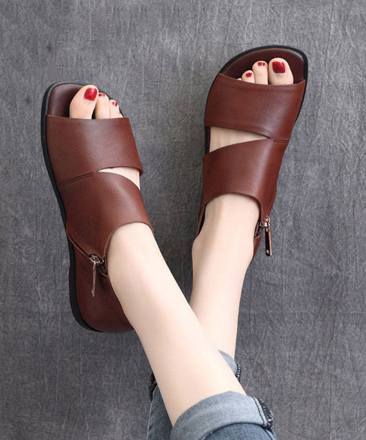 Brown Flat Sandals Peep Toe Zippered Splicing Cowhide Leather LY7630