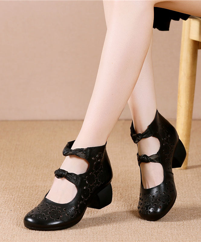 Brown High Heels Chunky Cowhide Leather Vintage Hollow Out High Heels LC0538 - fabuloryshop