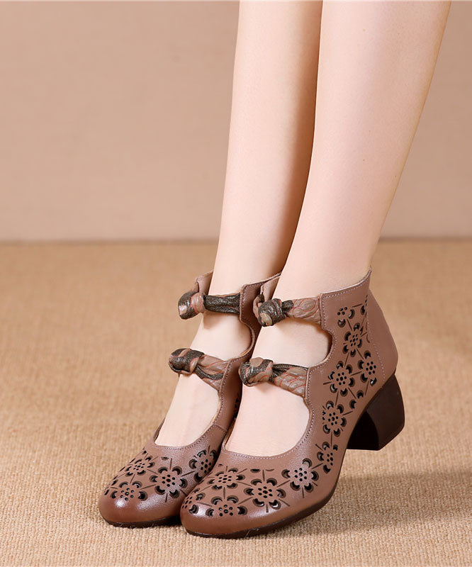 Brown High Heels Chunky Cowhide Leather Vintage Hollow Out High Heels LC0538 - fabuloryshop