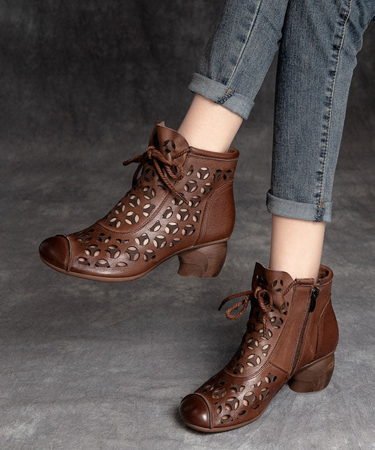 Brown Hollow Out High Heels Chunky Cowhide Leather Fine Lace Up Boots LC0533 - fabuloryshop