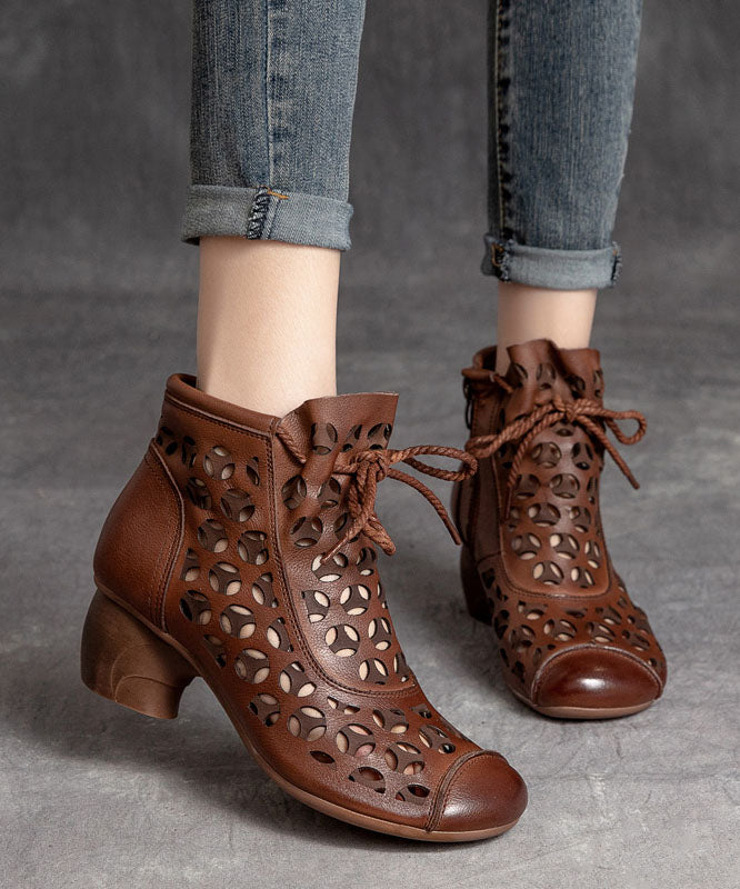 Brown Hollow Out High Heels Chunky Cowhide Leather Fine Lace Up Boots LC0533 - fabuloryshop