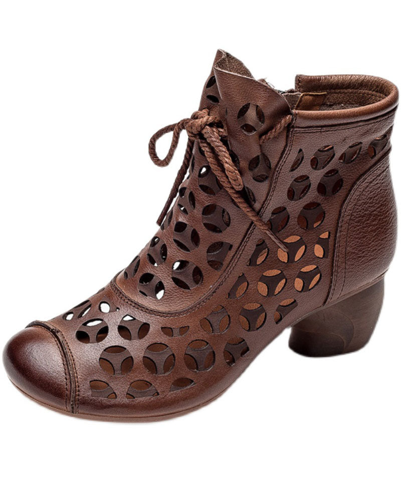 Brown Hollow Out High Heels Chunky Cowhide Leather Fine Lace Up Boots LC0533 - fabuloryshop