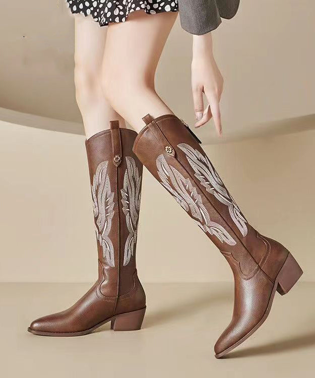 Brown Long Boots Embroidery Pointed Toe