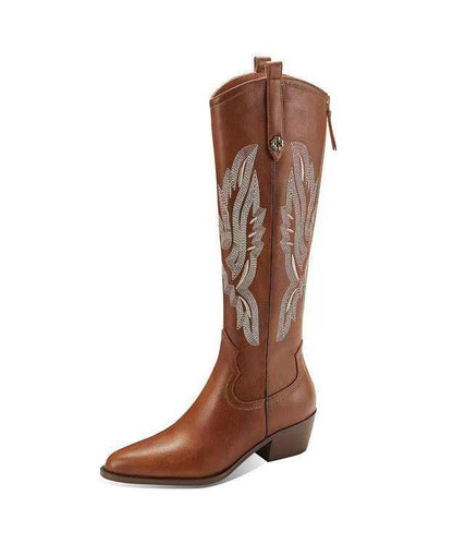 Brown Long Boots Embroidery Pointed Toe