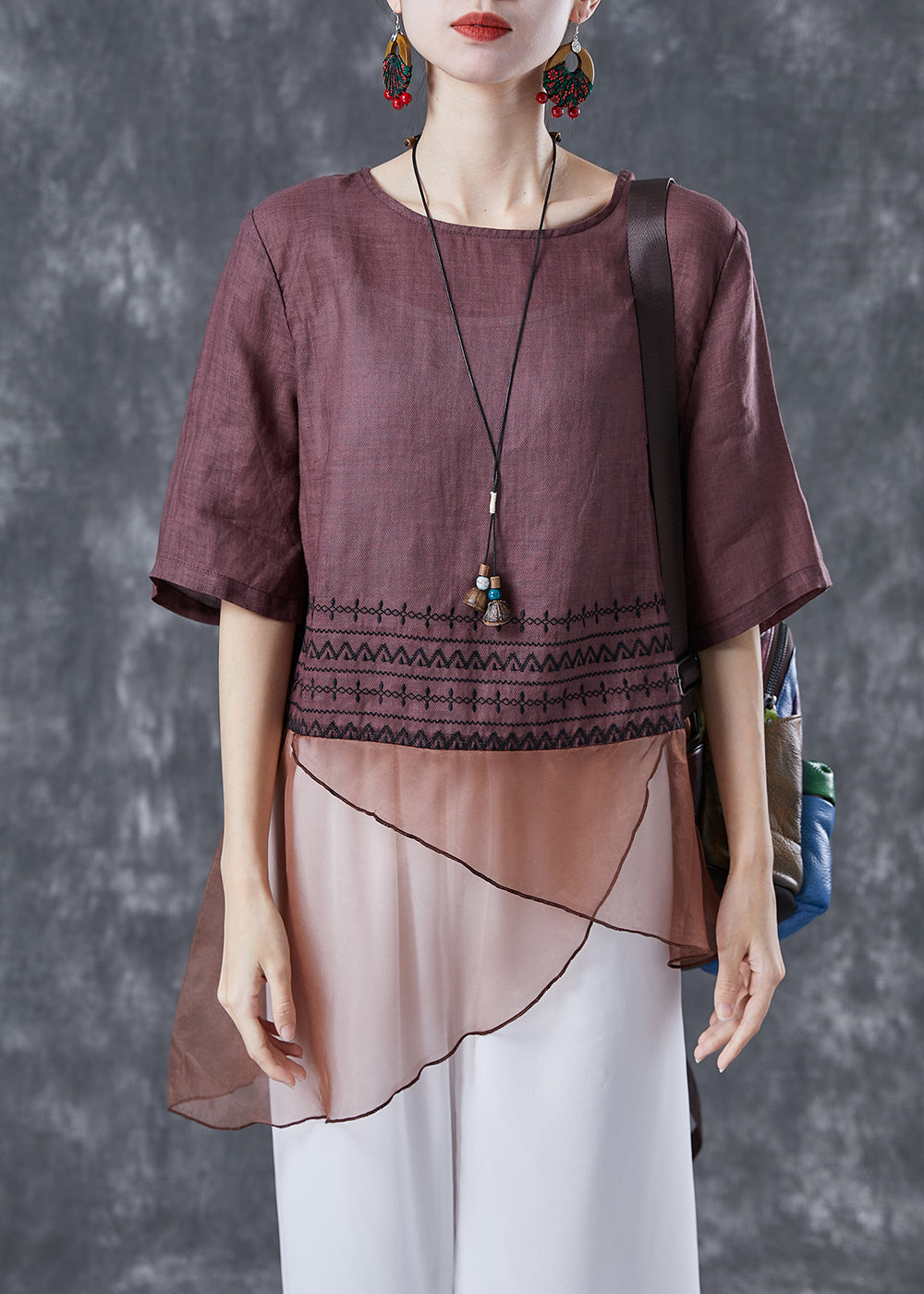 Brown Patchwork Linen Shirts Asymmetrical Embroideried Summer LY4097 - fabuloryshop