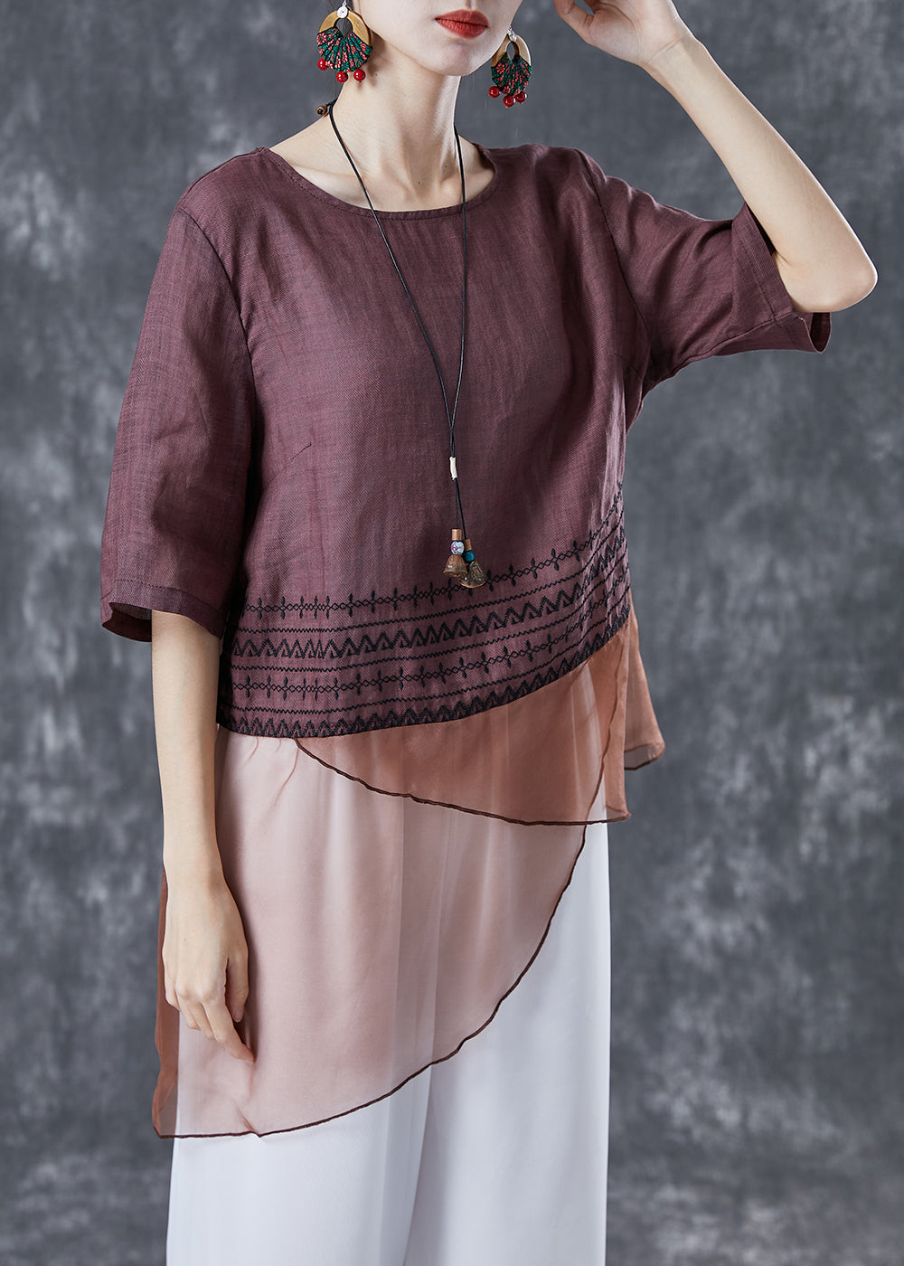 Brown Patchwork Linen Shirts Asymmetrical Embroideried Summer LY4097 - fabuloryshop