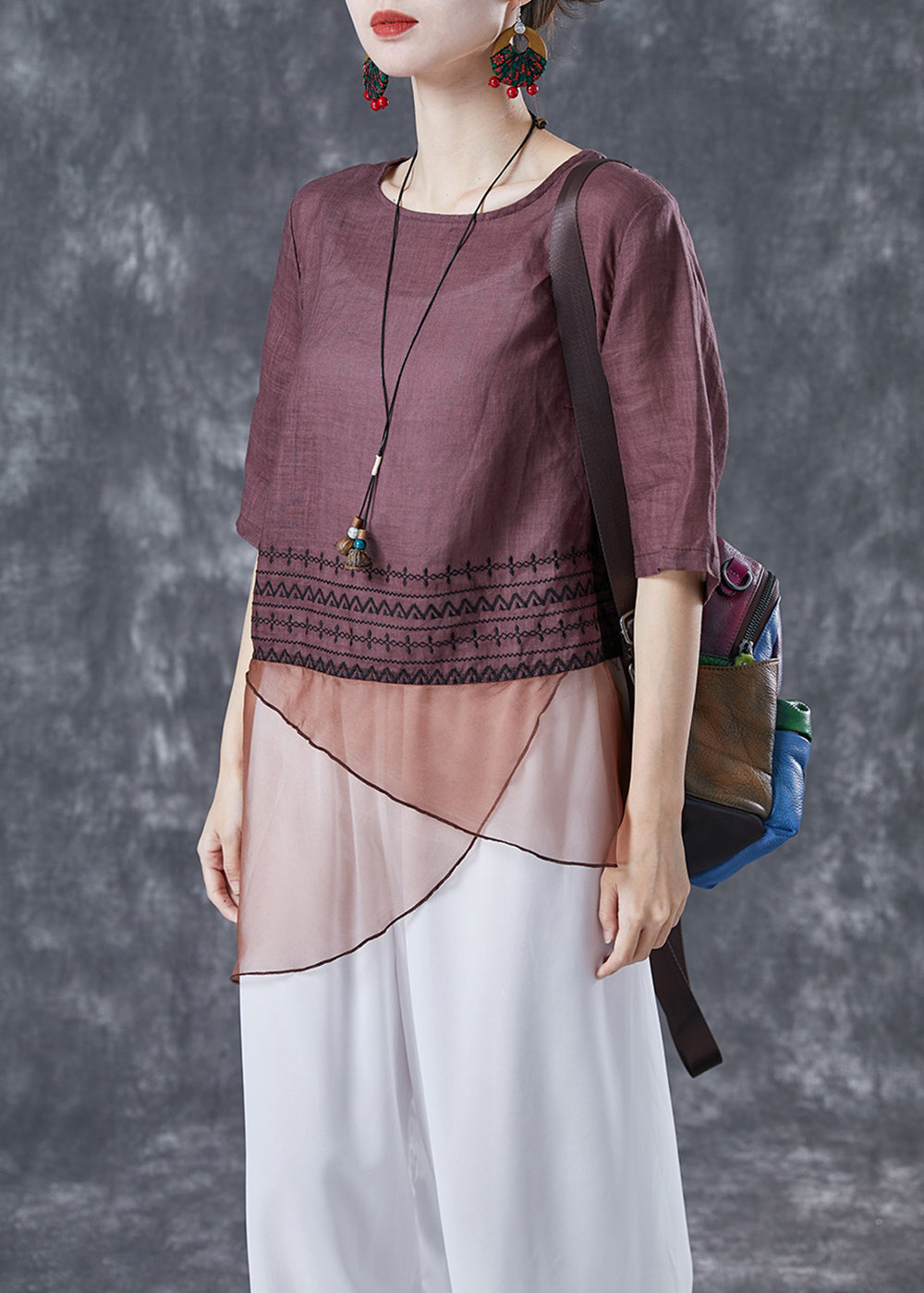 Brown Patchwork Linen Shirts Asymmetrical Embroideried Summer LY4097 - fabuloryshop