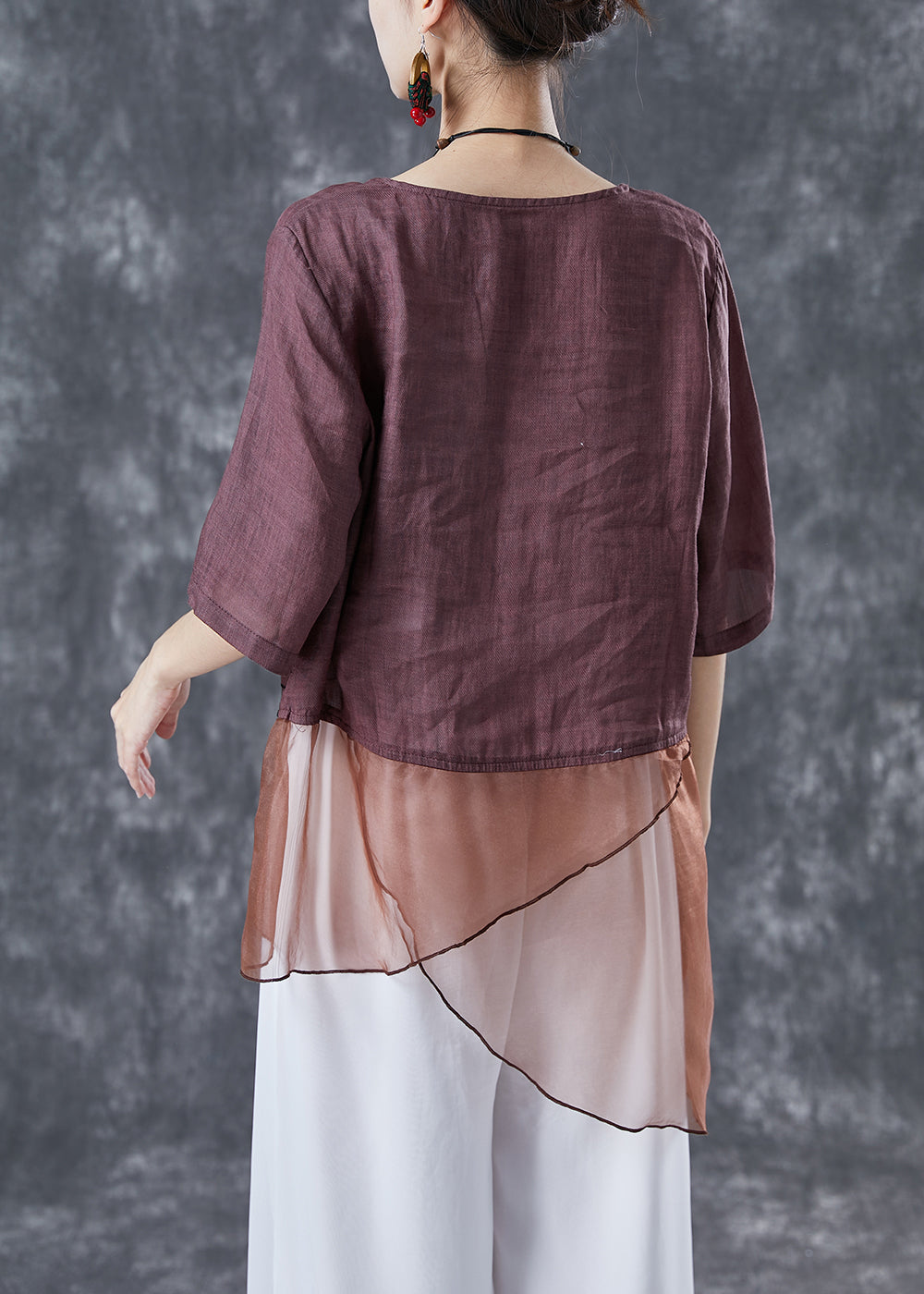 Brown Patchwork Linen Shirts Asymmetrical Embroideried Summer LY4097 - fabuloryshop