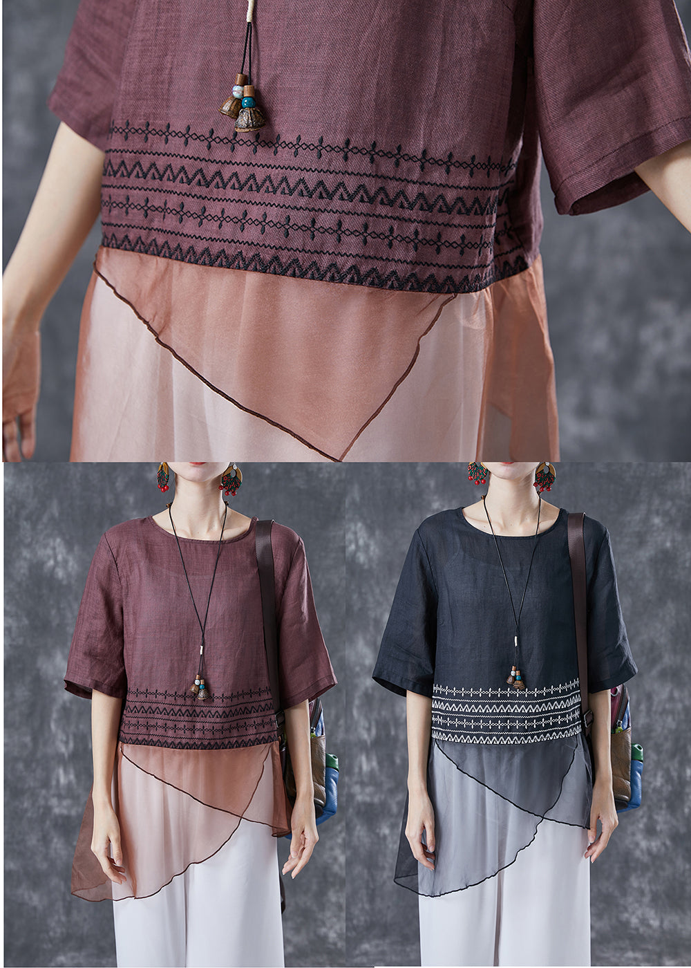 Brown Patchwork Linen Shirts Asymmetrical Embroideried Summer LY4097 - fabuloryshop