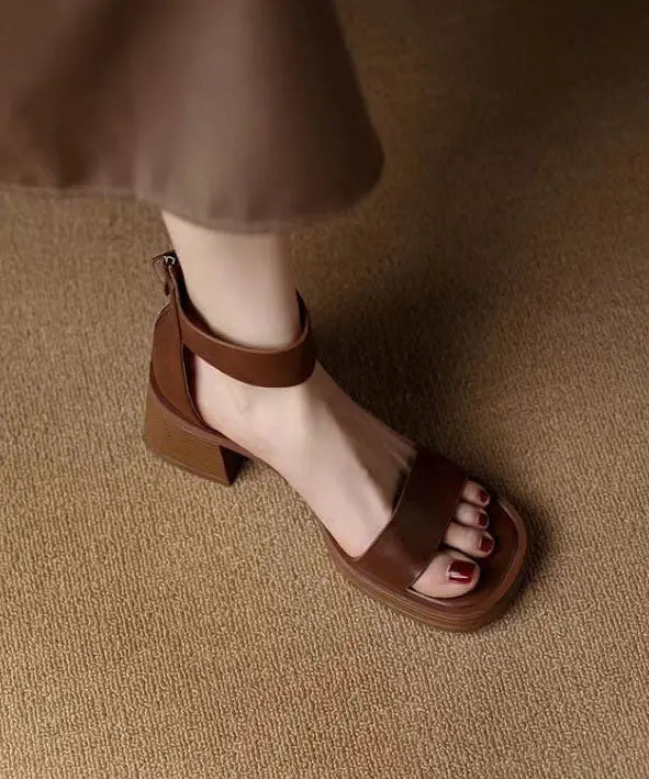 Brown Peep Toe Buckle Strap Zippered Splicing Chunky Sandals Ada Fashion