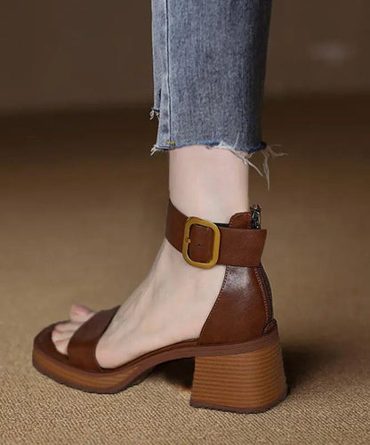 Brown Peep Toe Buckle Strap Zippered Splicing Chunky Sandals Ada Fashion