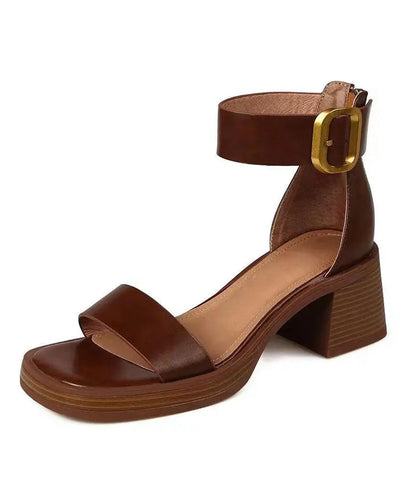 Brown Peep Toe Buckle Strap Zippered Splicing Chunky Sandals Ada Fashion