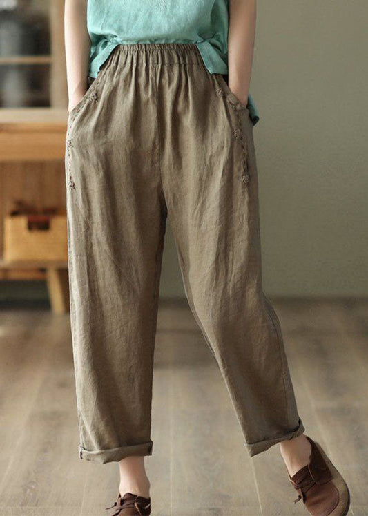 Brown Pockets High Waist Linen Pants Summer LY0225 - fabuloryshop