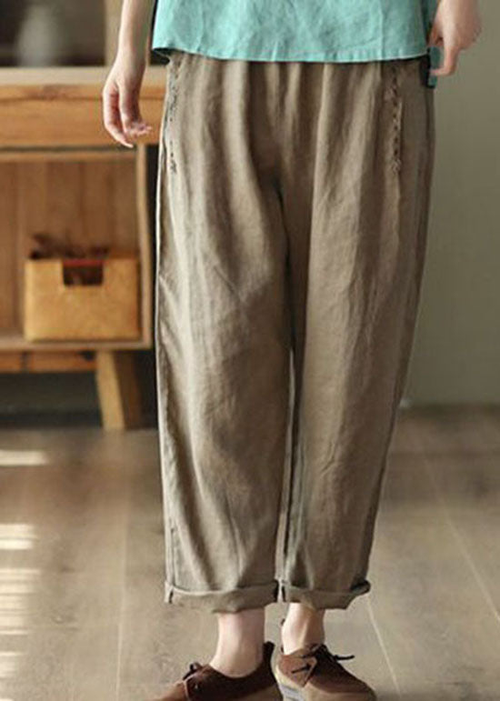 Brown Pockets High Waist Linen Pants Summer LY0225 - fabuloryshop