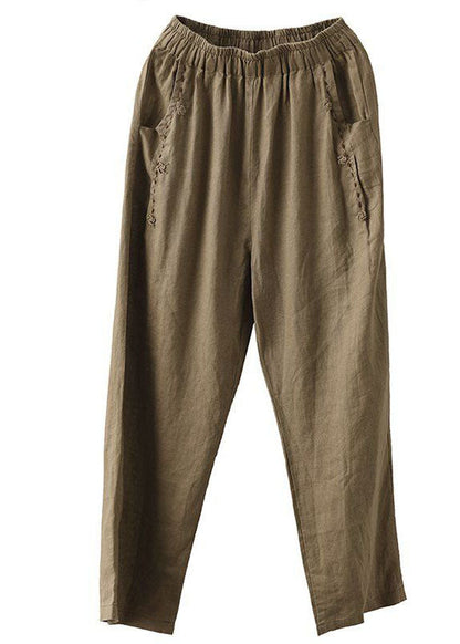 Brown Pockets High Waist Linen Pants Summer LY0225 - fabuloryshop