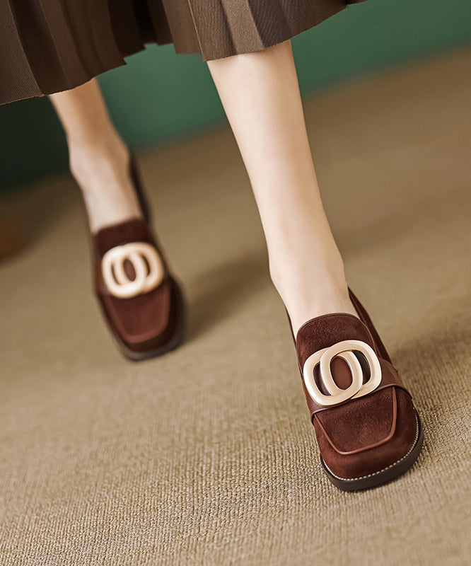 Brown Retro Chunky Suede Simple Splicing Metal Buckle Ada Fashion
