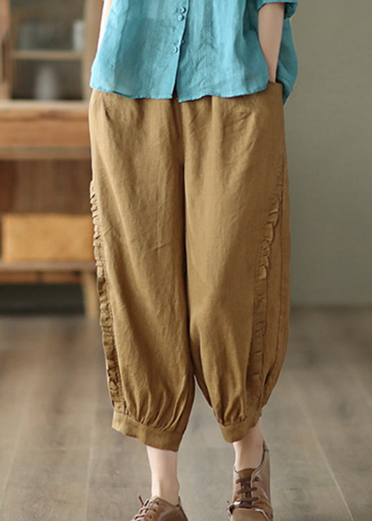 Brown Ruffled Elastic Waist Cozy Crop Pants TQ1051 - fabuloryshop