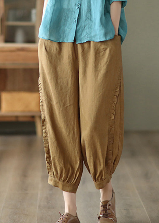 Brown Ruffled Elastic Waist Cozy Crop Pants Ada Fashion