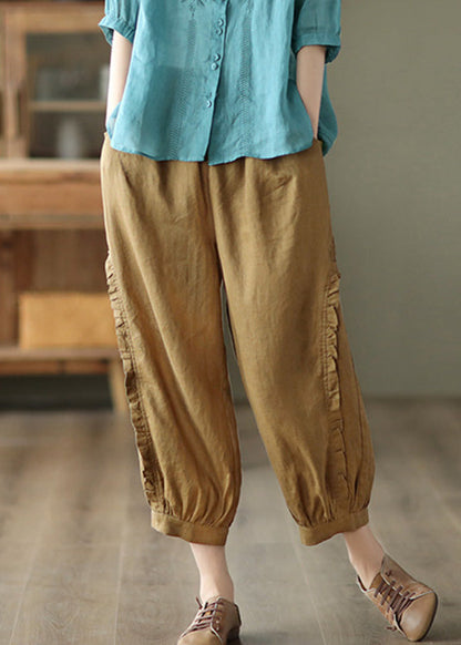 Brown Ruffled Elastic Waist Cozy Crop Pants Ada Fashion